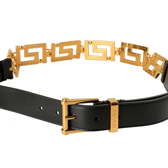 Versace Leather Gold Color Greeca Chain Logo Decorated Belt US 36 IT 90 - Picture 1 of 6